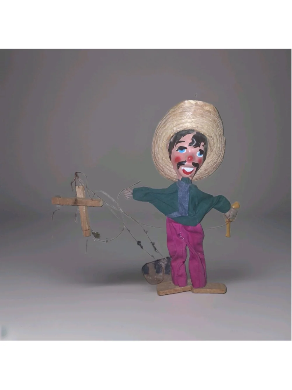 Vintage Mexican Marionette Puppet with Sombrero and Pistol 12 Inch